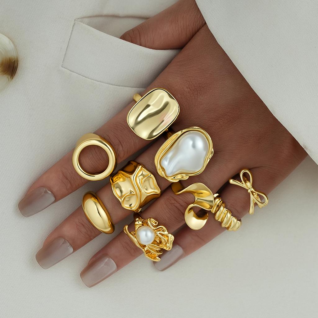 9pcs Fashion Gold Color Bowknot Pearl Geometric Open Rings Set for Women Exaggerated Irregular Adjustable Ring New Jewelry Gift