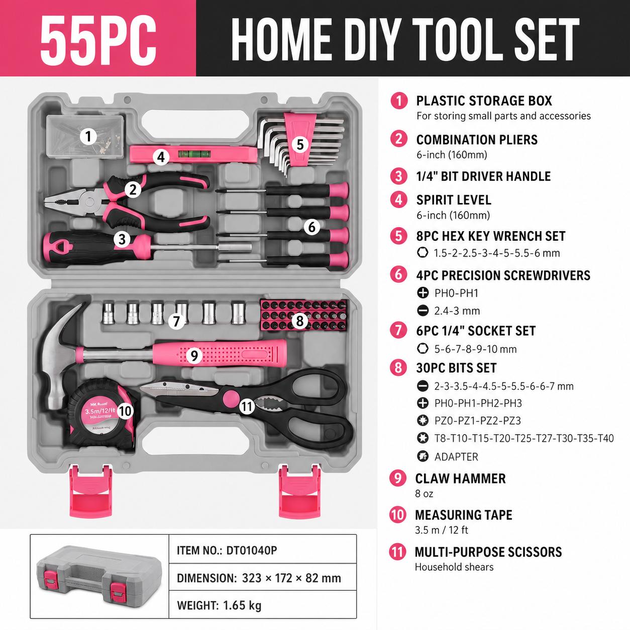 55 Pcs Home Repair Tool Set Household DIY Hand Tools Kit Multi Purpose Maintenance Tool Box with Hammer Wrench Scissors 55-Piece Household Tool Set