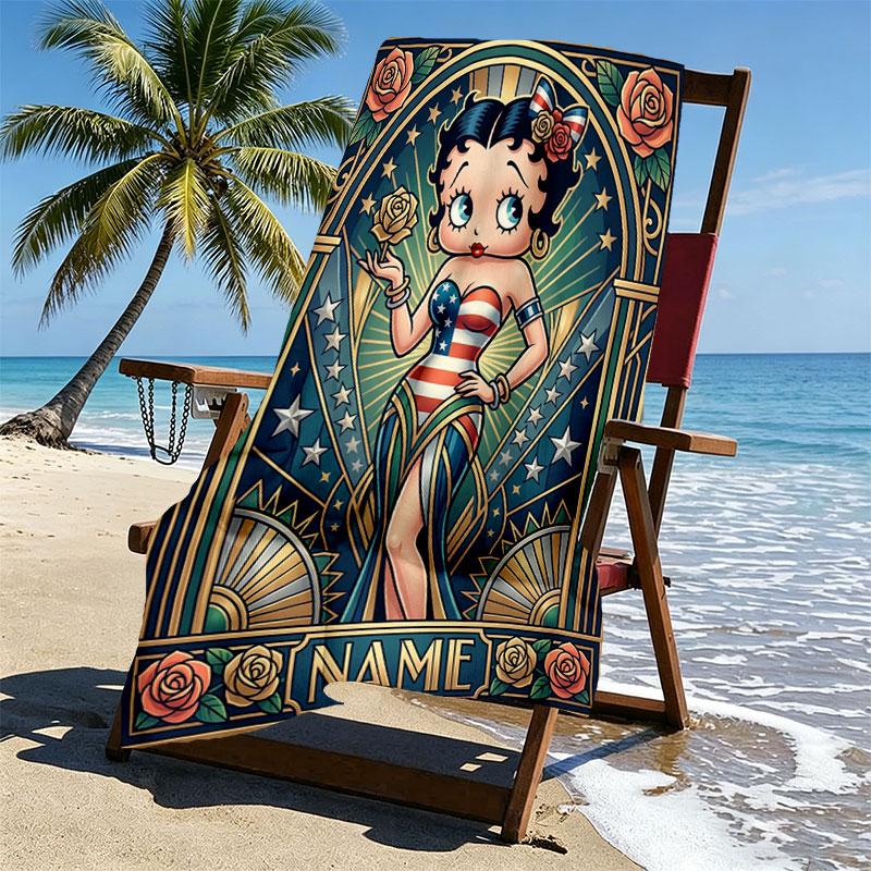 Custom Name Personalized Betty Boop Print Beach Towel, for Trip Camping Beach Party Home Decor, Birthday Gift for Family & Friends