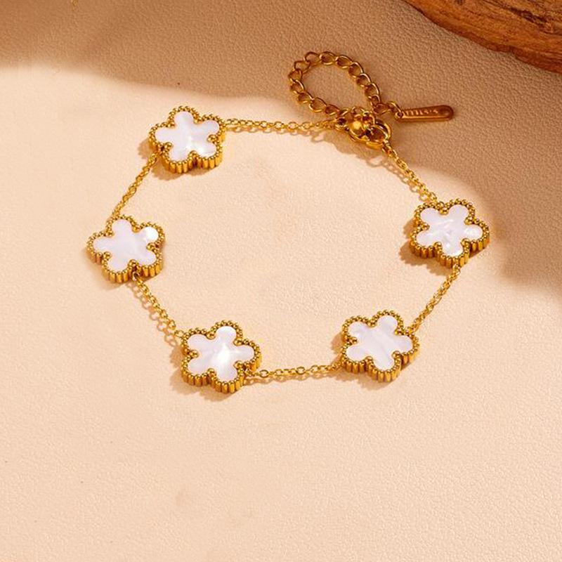Lucky Five-Leaf Clover Beaded Bracelet for Women Classic Fashion Minimalist Gold Plated Stainless Steel Jewelry