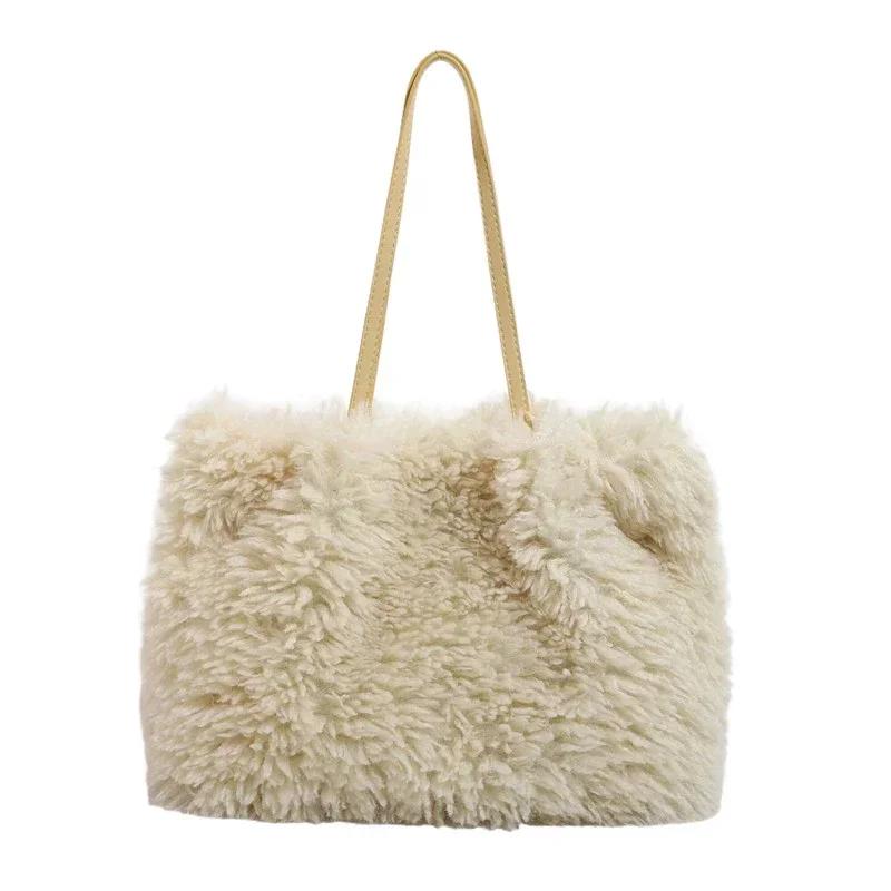New large capacity solid color fur handbag for women trendy fashion casual single shoulder feminine bags