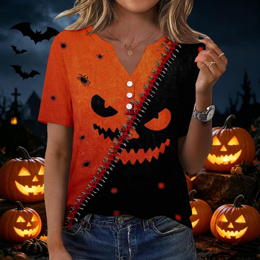 Women Casual V Neck Short Sleeve Button Front T Shirt Halloween Pumpkin Bat Print Split Design Top