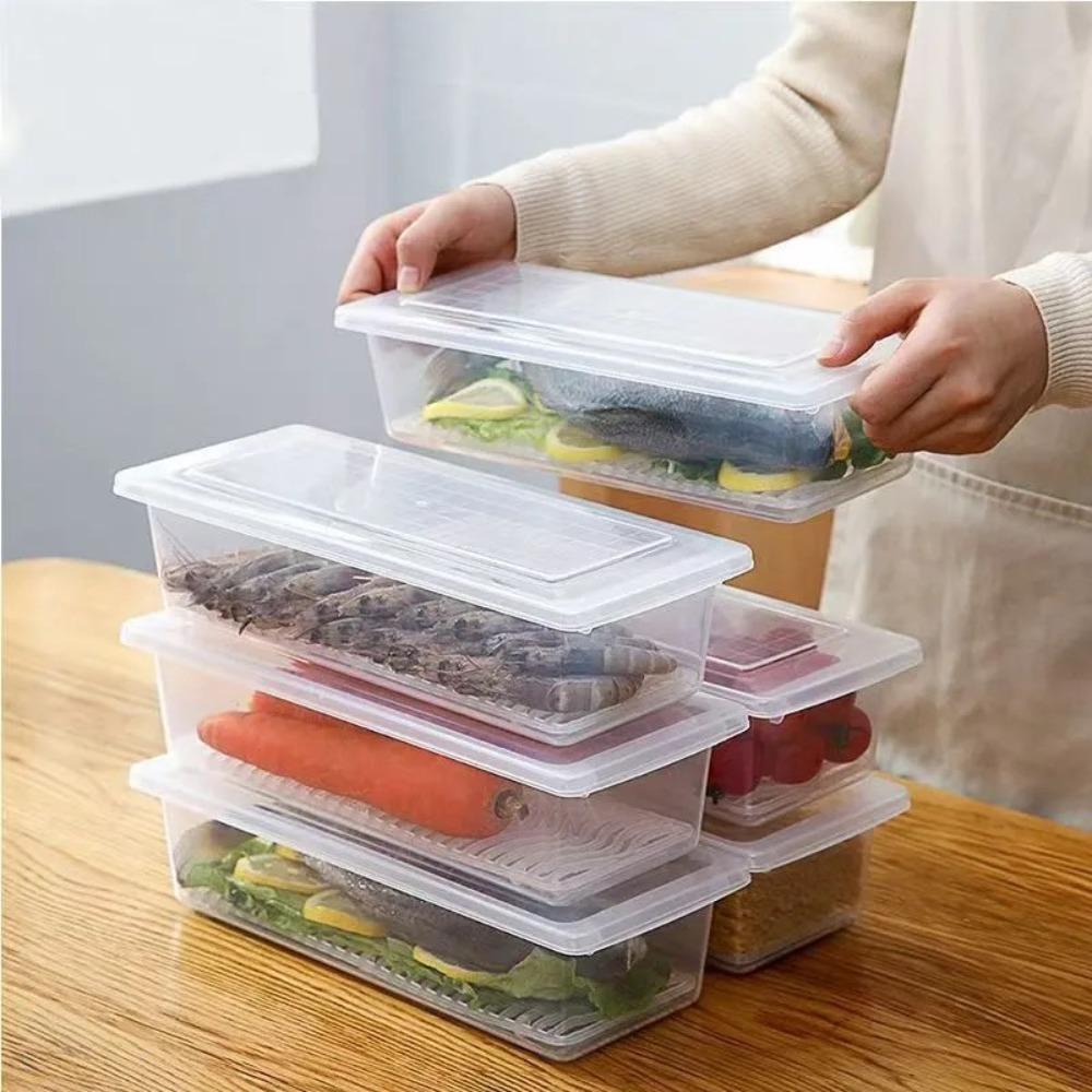 New Transparent Food Storage Box Drain Tray Sealed Frozen Storage Box with Lid Fresh-Keeping Box Kitchen