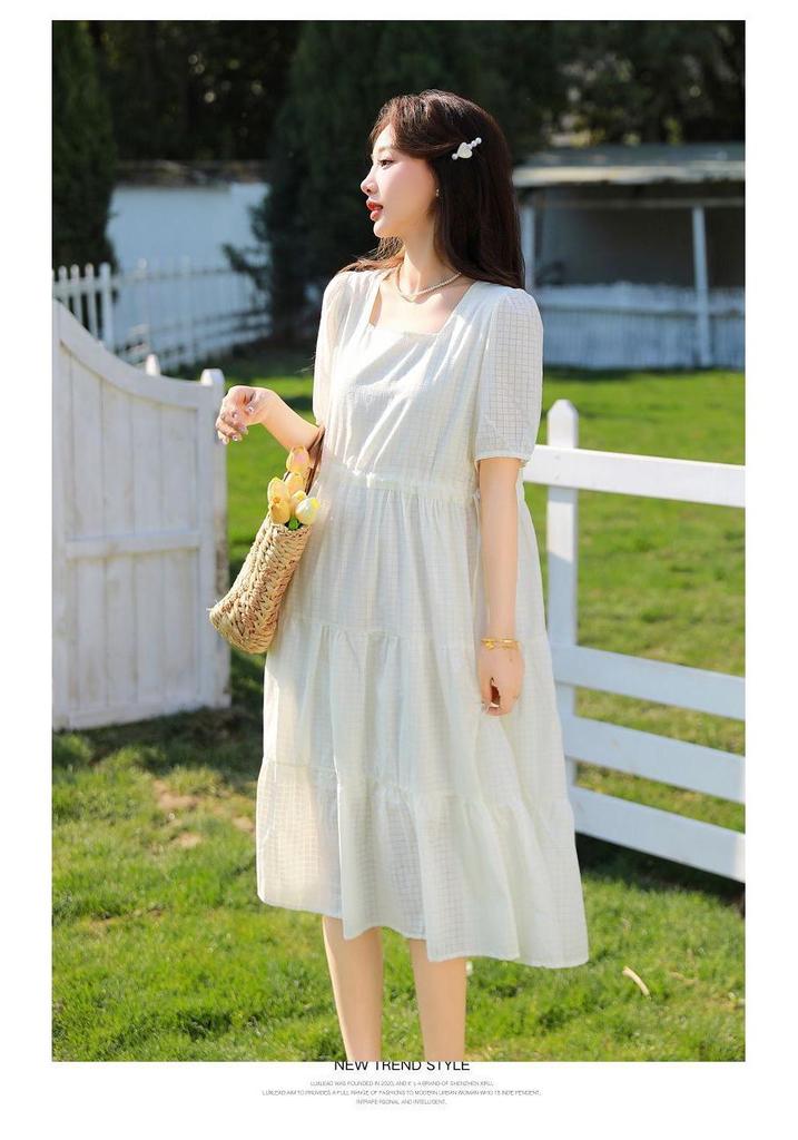 Chiffon Karomuster Kurzarmkleid für junge Mütter und ältere Frauen