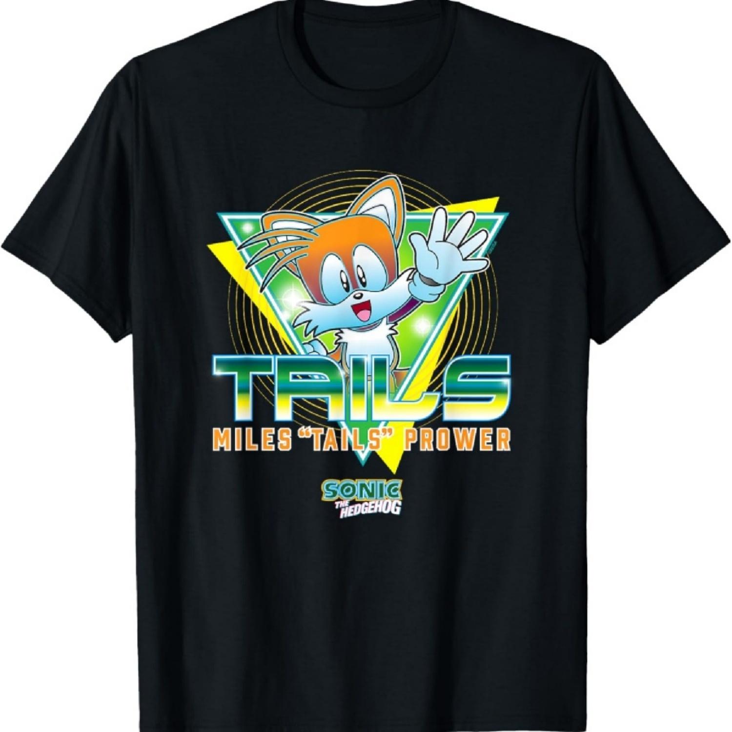Футболка с ретро-неоновым логотипом Соник ёж Майлз Тейлз Прауэр S