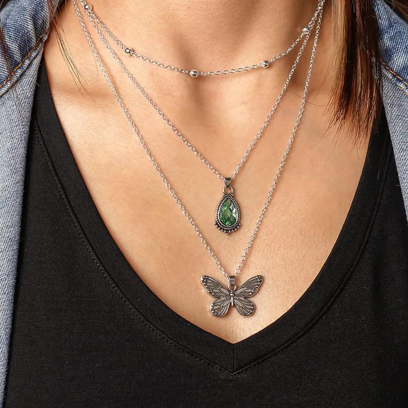 

Vintage Creative Butterfly Collarbone Necklace Water Droplet Shaped Rhinestone Temperament Multi-layer Necklace