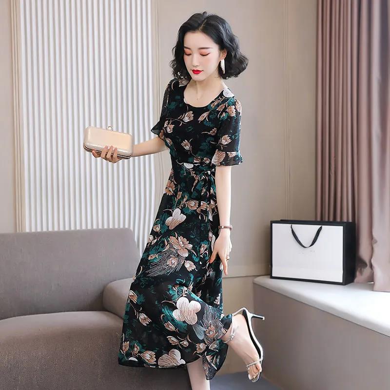Women's Summer Dress Large Size Chiffon Print Round Neck Short Sleeve Skirt Length To Calf