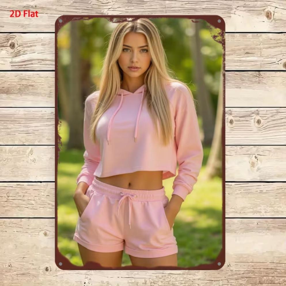 Vertical Metal Tin Sign Blonde Woman Yellow Crop Top Denim Shorts Wildflower Scenery Wall Hanging Decor