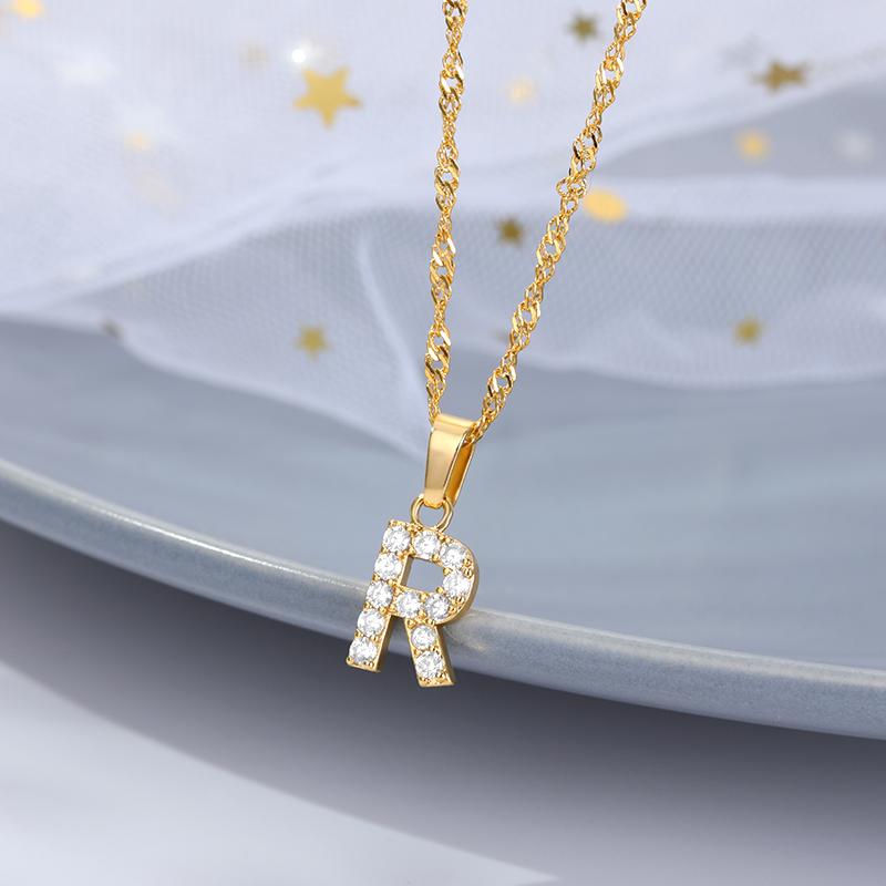 Cubic Zirconia Initial Letter Pendant Necklaces For Women Stainless Steel Gold Color Chain Alphabet Chokers Jewelry Accessories