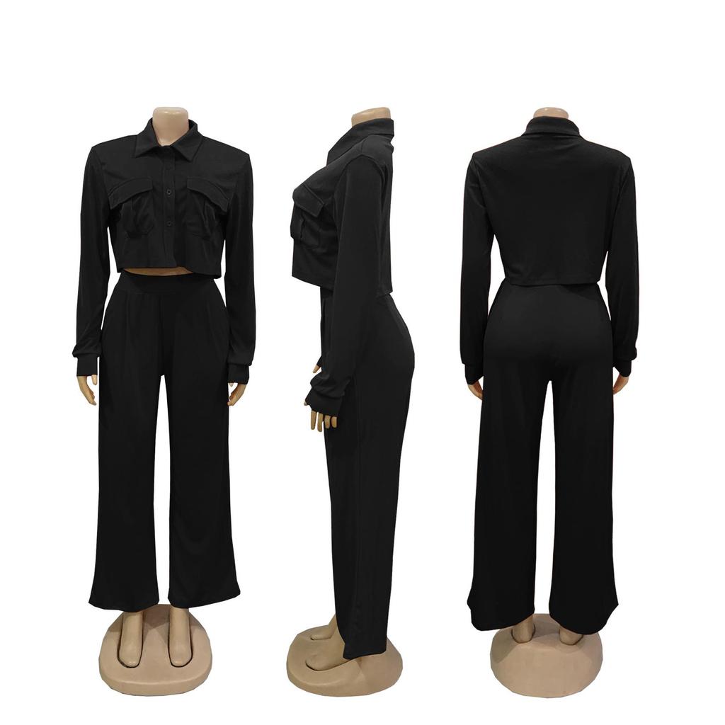 TW584 Women's Autumn Fashion Lapel Long Sleeve High Waist Wide Leg Pants Elegant Suit