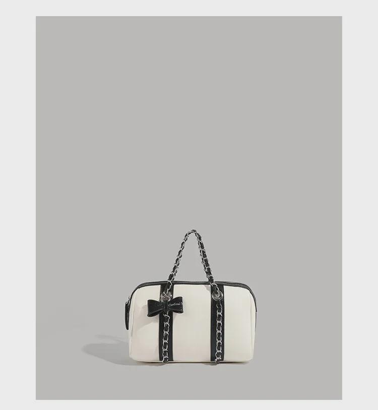 Korean-Style Boston Wax Leather Handbag with Bow Accent