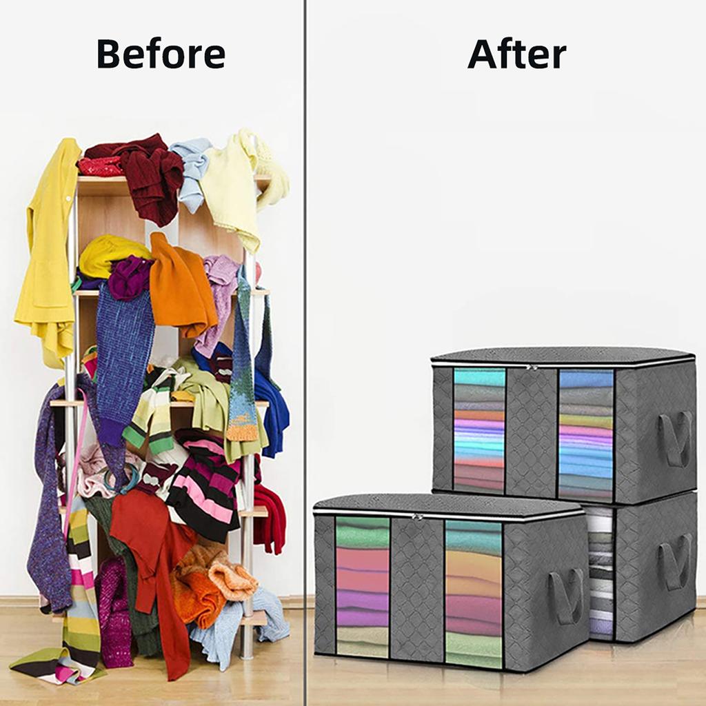 4 Pack Large Capacity Foldable Clothes Storage Bag  with Clear Window,Reinforced Handle Thick Fabric for Comforters, Blankets, Bedding, Clothes with S