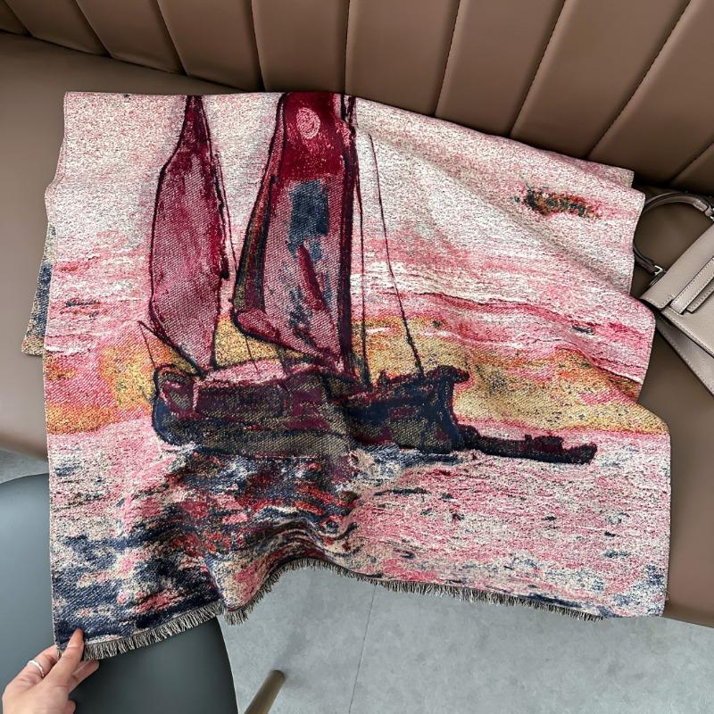 Autumn and winter warm thickened four shuttle imitation cashmere scarf winter shawl scarf women's oil painting sailing shawl