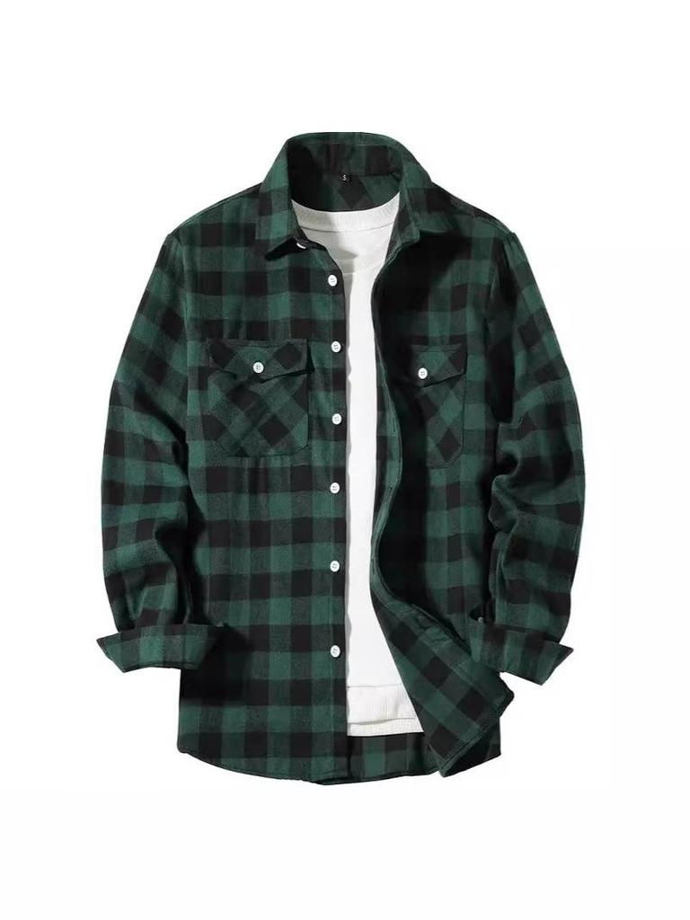 European Size Plaid Hooded Short-Sleeved Men's Cardigan Shirt with Double Pocket Flap