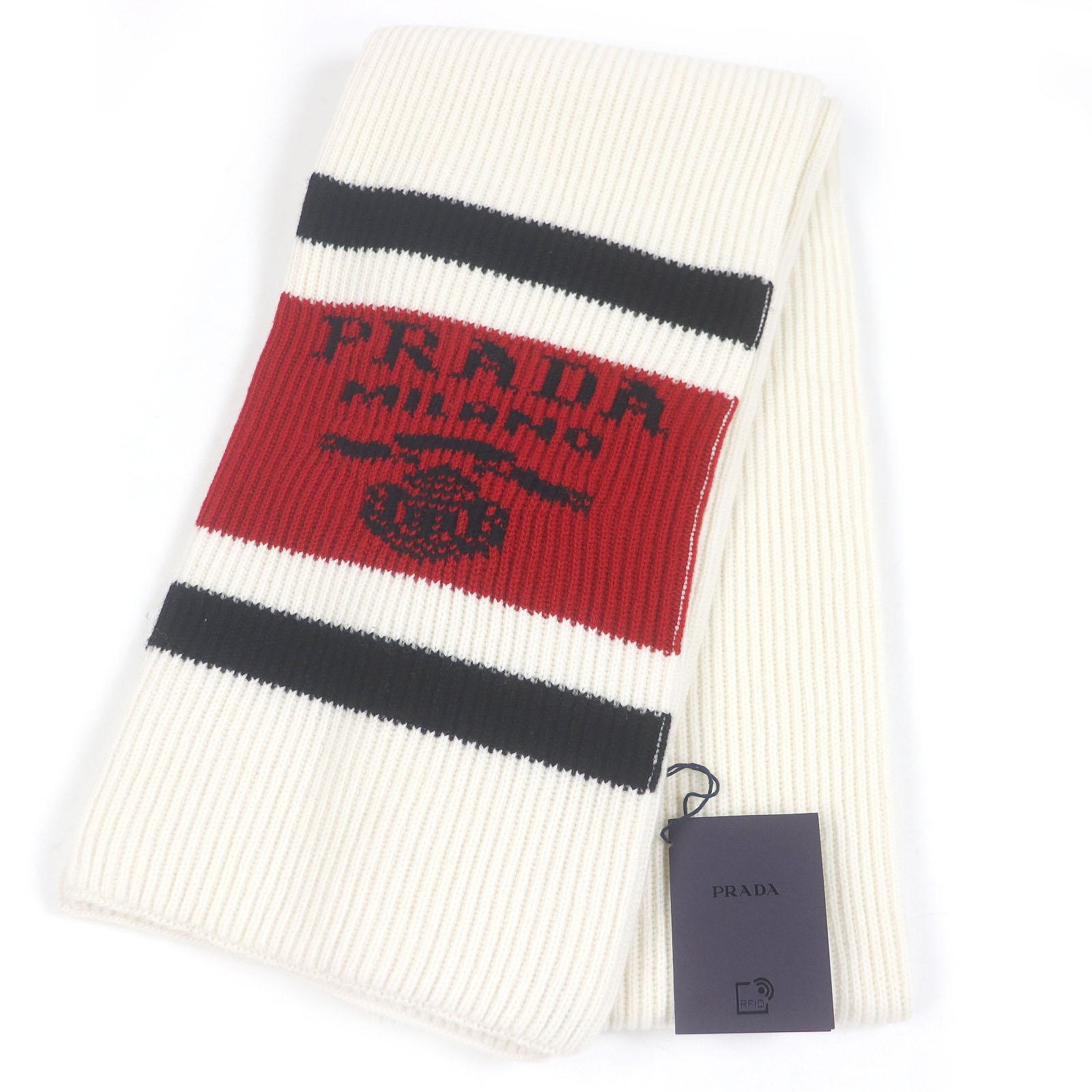 

Pristine PRADA Scarf Tricolor ribbed knit with logo Ivory cashmere mens UMS418 Used
