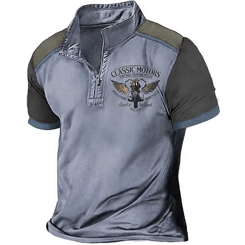 Retro Men's 3D Print Short Sleeve Polo with Zipper Lapel