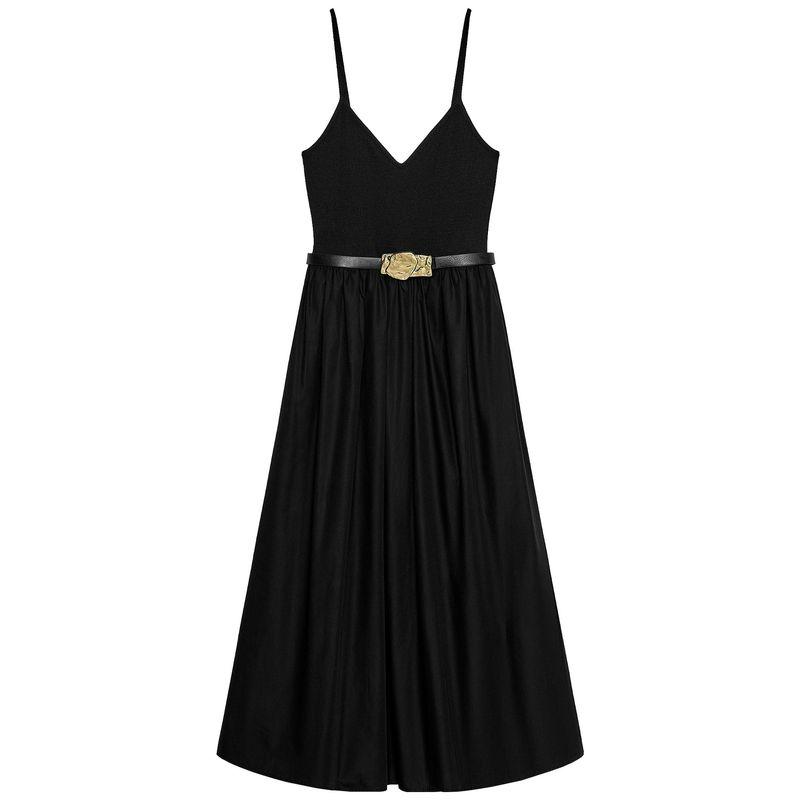 Zaprha2025 New Arrival Sexy Temperament with Belt Patchwork Midi Skirt V-neck Strap Dress Waist 1165065