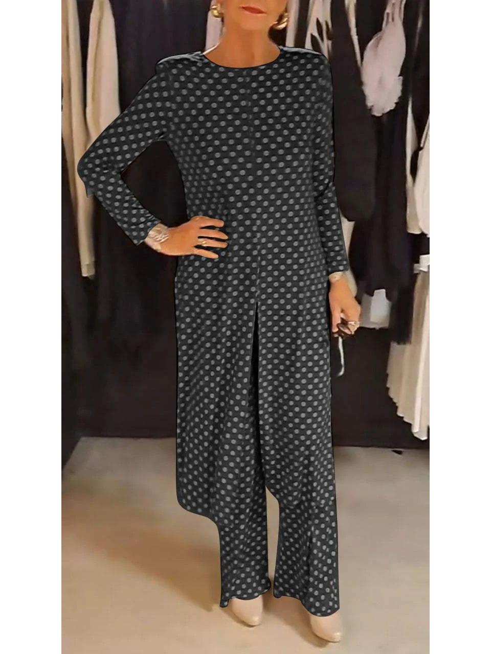 

2024 Autumn Polka Dot Long Top Set - Slim Fit, Round Neck with Slit 5XL чорний