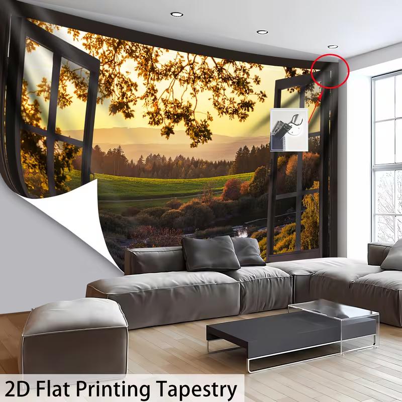 2D Rustic Window View Tapestry Peaceful Sunset Countryside Wall Hanging 47.2x31.5inch/120*80cm
