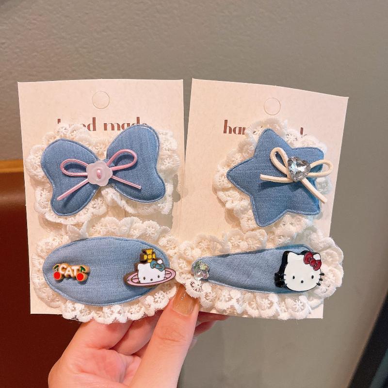 2Pcs Cartoon Sanrio Hello Kitty Hair Clip Cute Sweet Girls Headdress Set Denim Blue Bow Forehead Hairpin Kawaii Children Gifts