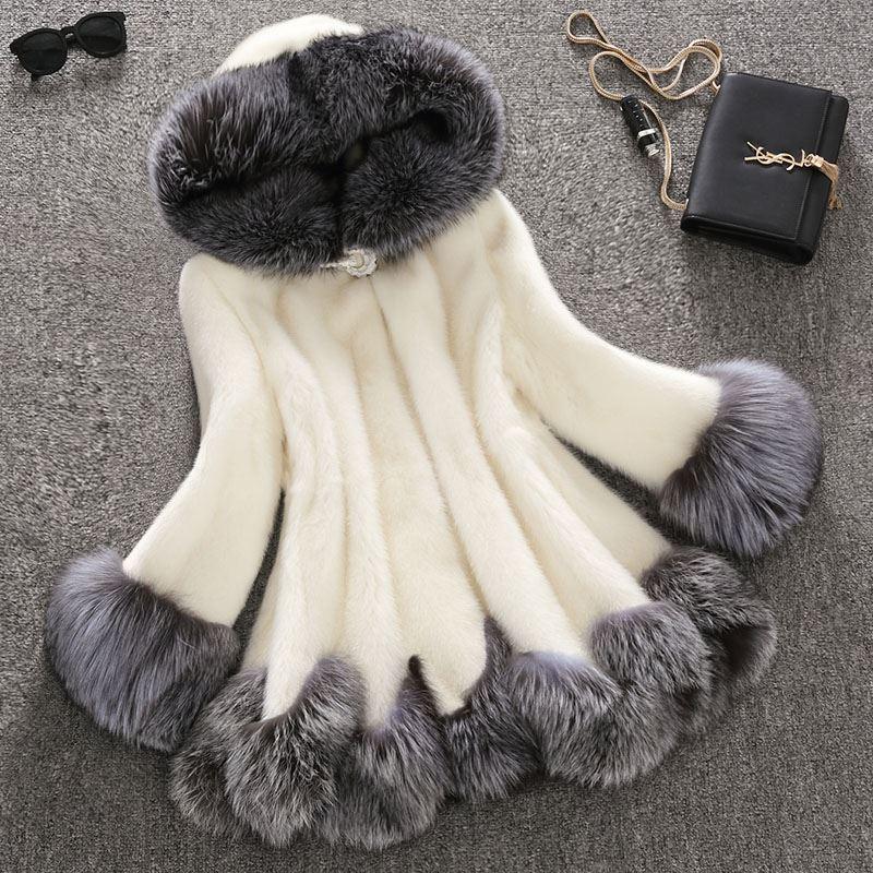 Faux Fur Coat Women  Autumn and Winter Mink Coat Fox Fur Collar Hooded Jacket Plus Size Faux Fur Coat