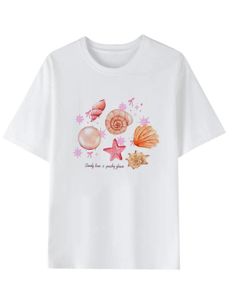 Starfish and Shell Floral Print Short-sleeved T-shirt Casual and Simple Style Daily and Outdoor Wear Women Clothing Fashion Y2K