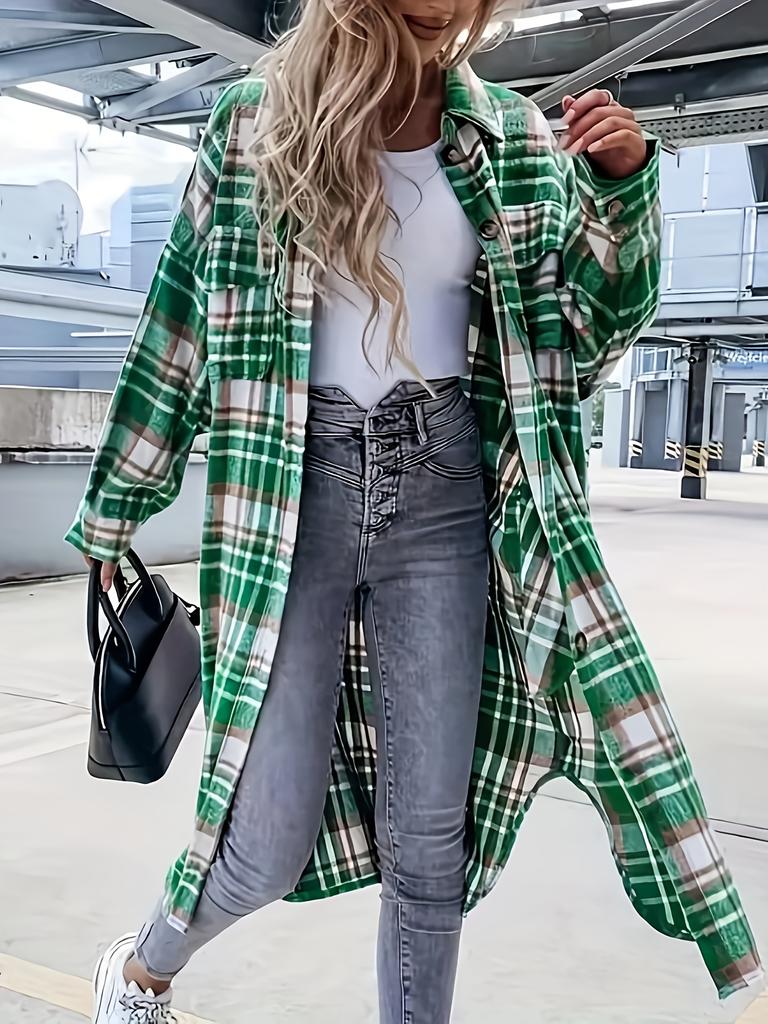 Stylish Plaid Print Womens Long Jacket - Relaxed Casual Button Front with Flap Pockets - Durable Outerwear for Everyday Fashion