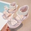 *Summer New Bow Children's Open Toed Casual Shoes Fashionable and Elegant Round Head Pearl Soft Princess Flat Sandals