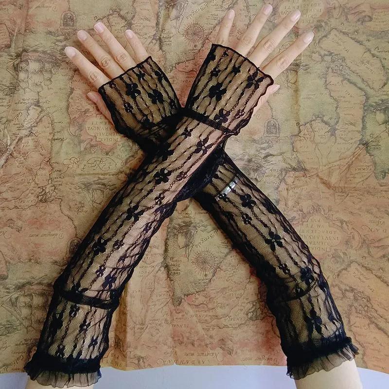 

Women s Lolita Lace UV Protection Ice Silk Sleeves for Summer Driving and Cycling One Size: Length ~45cm чёрный
