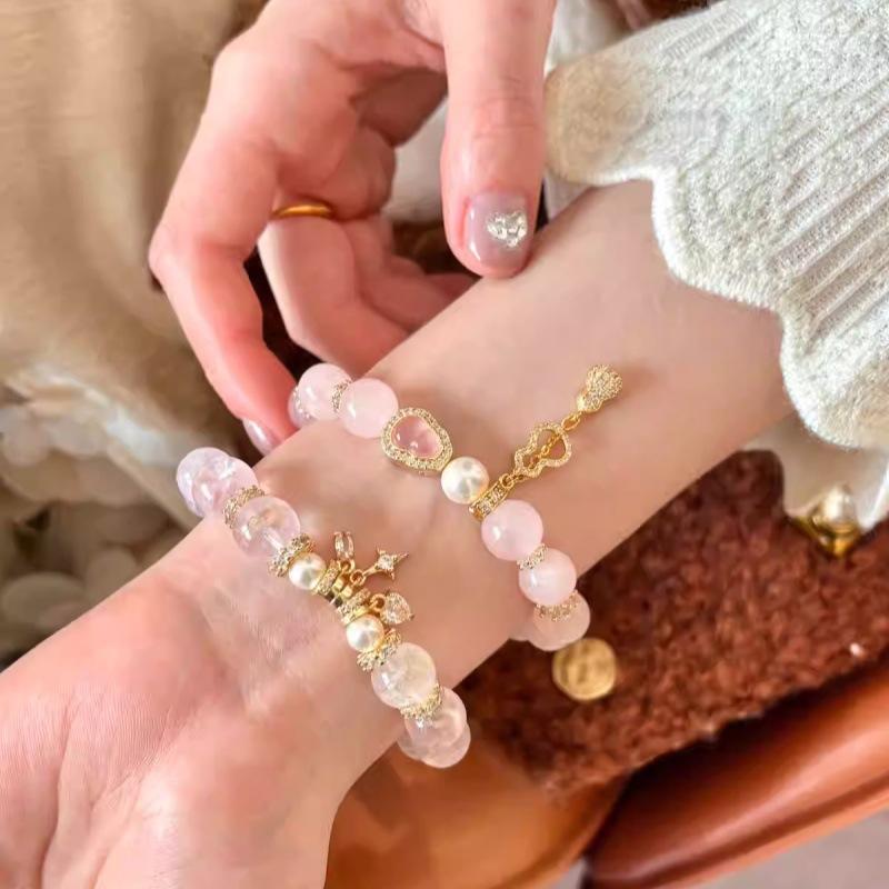 Gilt Pastel Natural Pink Crystal Bracelet, Amethyst Bracelet for Women, Light Luxury Fortune-Bringing Small Gourd, High-End Jewelry Gift