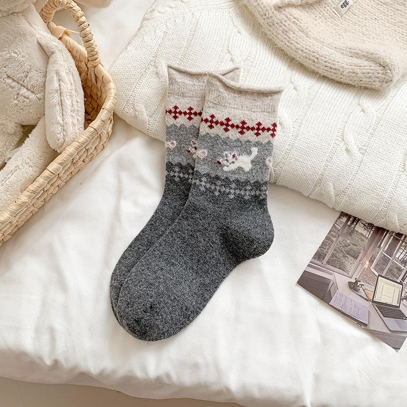YOUJIAXIU Women's Wool Warmth Fair Isle Mid-Calf Socks - Thickened Plus Velvet, Cute Puppy Design for Autumn/Winter