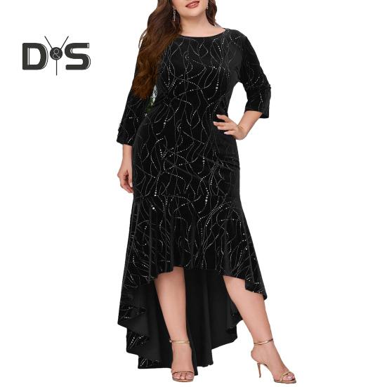 Women Evening Dress Three Quarter Sleeve Irregular Hem Round Neck Plus Size Slim Fit High Waist Swallowtail Elegant Maxi Dress Prom Party Clothes