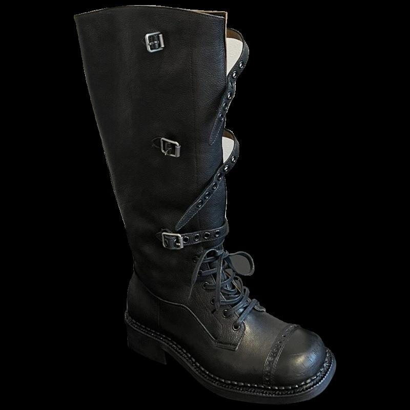 Cowhide version~ retro leather fashion boots women's autumn new models old knight boots belt buckle boots