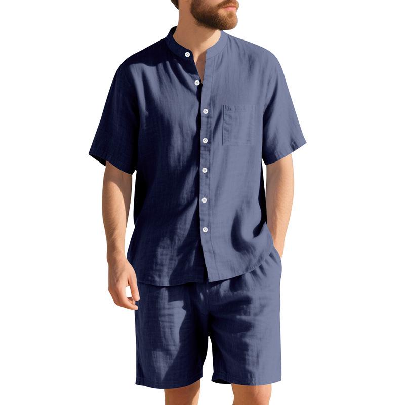 Men's Linen Henley Collar Beach Set: Summer Hawaii Short Sleeve Shirt & Shorts