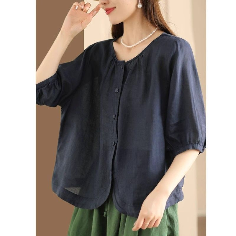 Cotton and Linen Solid Color Simple Crew Neck Shirt Loose Women's Clothing Summer New Loose Versatile Temperament Cardigan Top