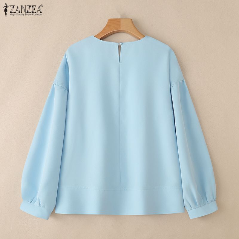 ZANZEA Women Casual Round Neck Solid Color Long Sleeve Blouse