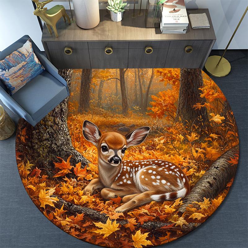 Autumnal Fawn Round Area Rug,Carpet Rug for Living Room Bedroom Sofa Playroom Decor,Non-slip Floor Mat