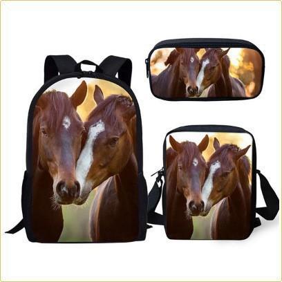 Prärie-Pferd-Muster Dreiteiliges Set, Schultasche, Federmäppchen, Umhängetasche, Lässiges 3D-Druck-Rucksack-Set.