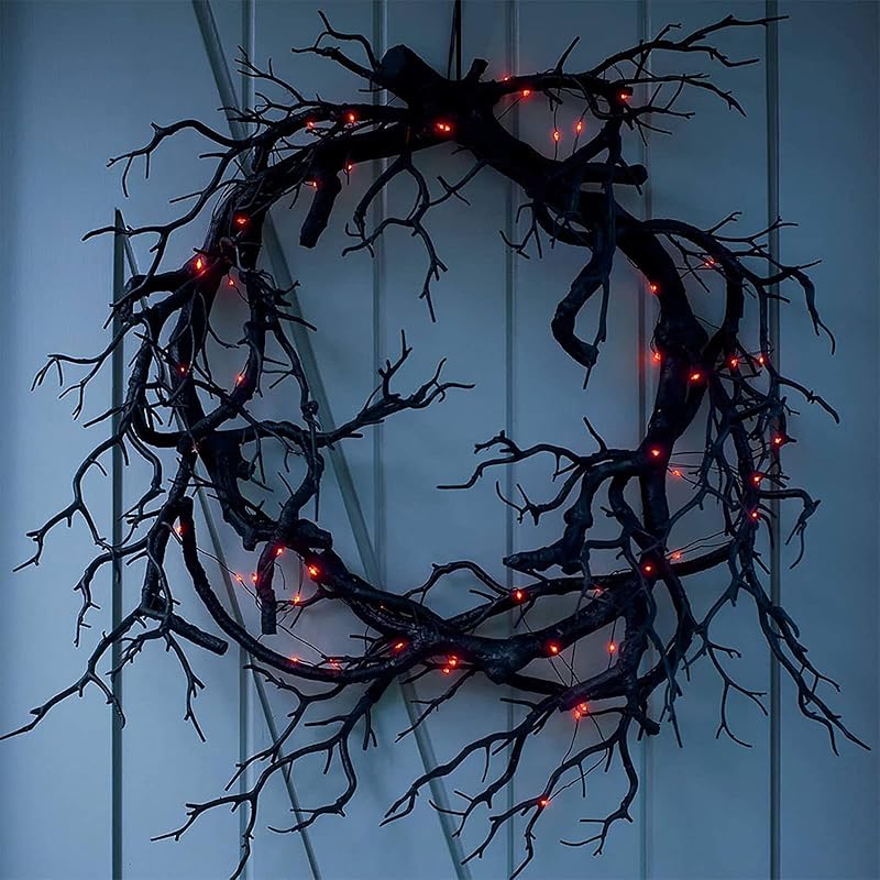 Black Wreath for Front Door, Halloween Wreath with Lights, Twig Wreath Halloween Lighted Garland Outdoor Halloween Decorations, Glitter Black Wreaths