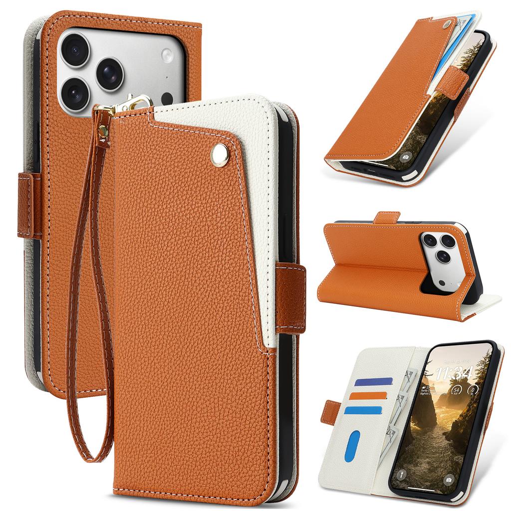 Cartera de Cuero con Tapa Color Block Ranura para Tarjetas Estuche para iPhone 17 Pro Max 16 15 14 Soporte Resistente a Golpes con Correa de Muñeca Funda de Bolso