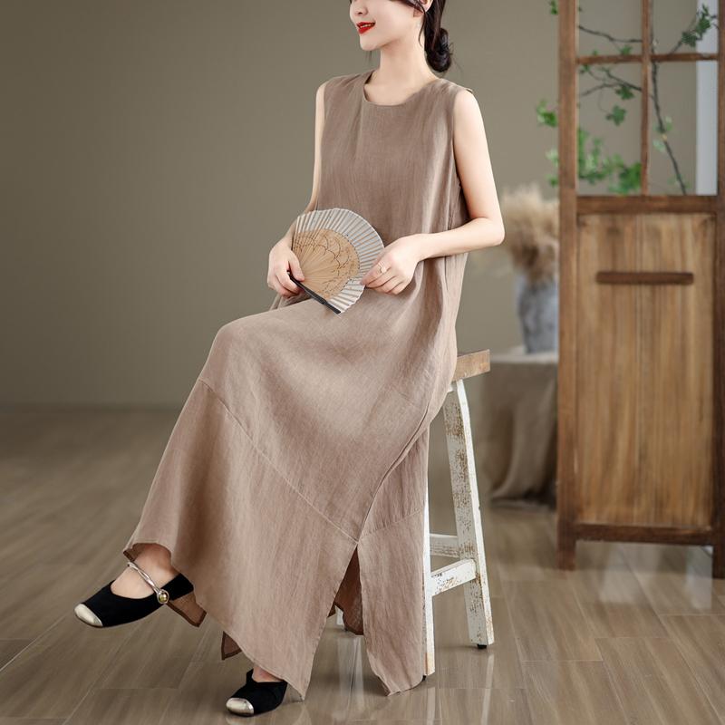 DIMANAF 2025 Women Summer Dress Solid Casual Ladies Basic Long Dress Linen