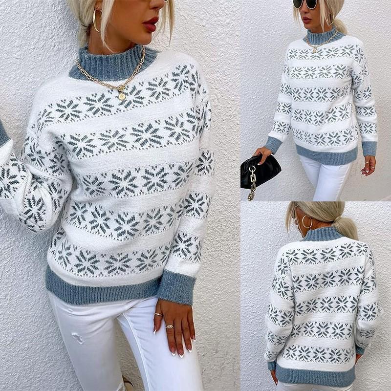 European and American Women's Clothing Autumn and Winter Fashion Christmas Snowflake Pattern Semi-turtleneck Sweater Knitted Sweater Top