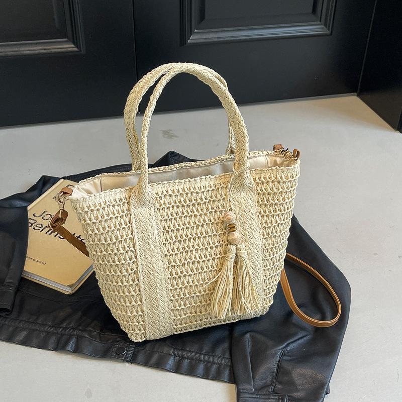 Large Capacity Grass Woven Handbags Women's Summer Beach Vacation Single Shoulder Crossbody Bag Chic Peach Wood Tassel Totes
