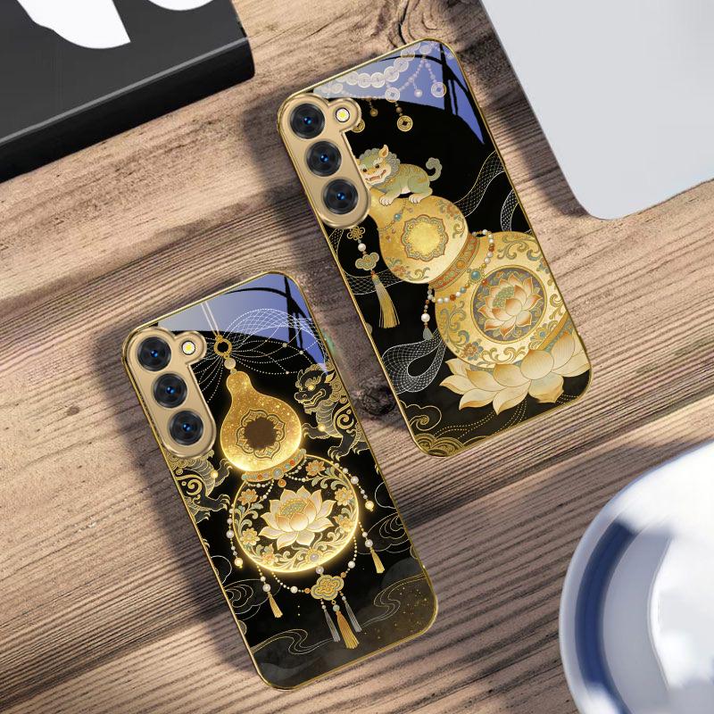 Golden Lion Calabash For Samsung Galaxy S26 S20 FE S21 S22 S23 Plus S24 Ultra 25Ultra S21+ S9 S22 S8 Golden Glass Phone Case