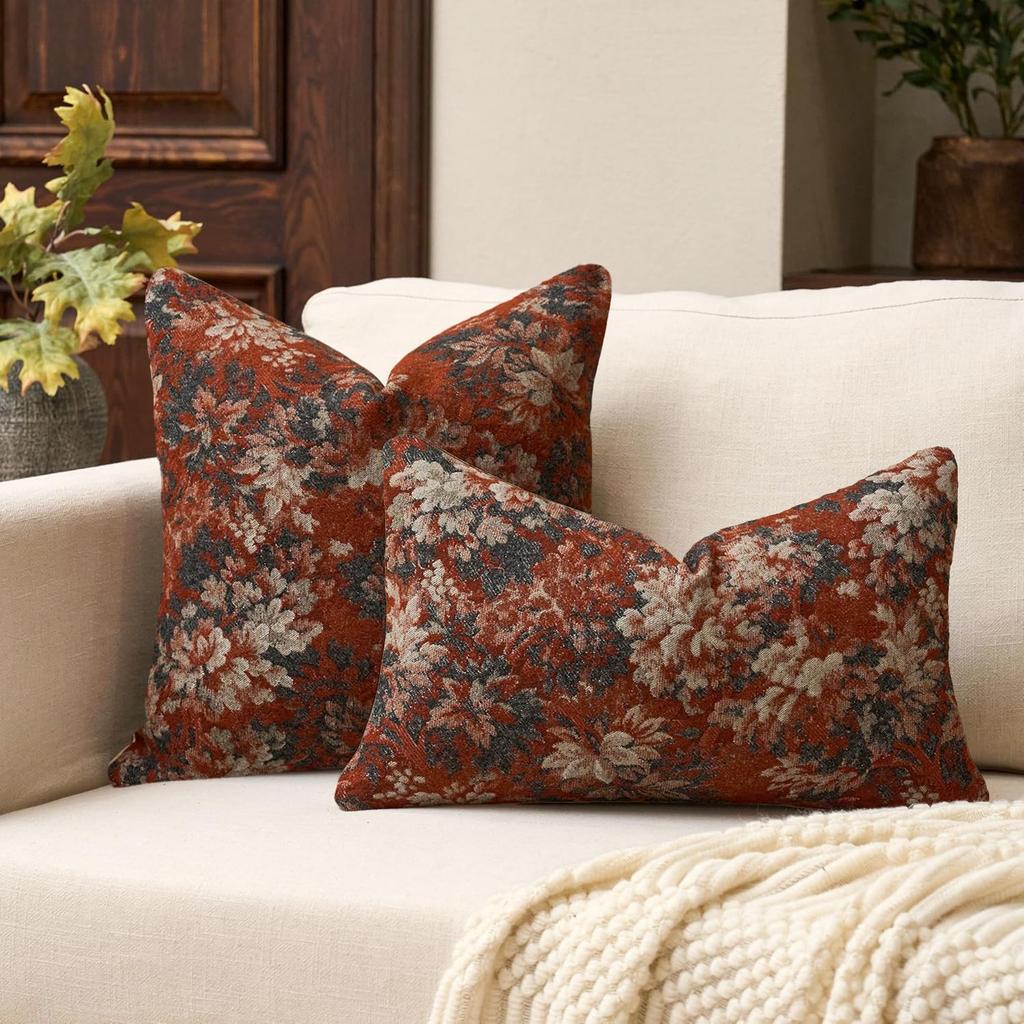 Vintage Neutral Floral Jacquard Throw Pillowcase Soft Decorative Farmhouse Accent Couch Pillow Case for Home Living Room Bed