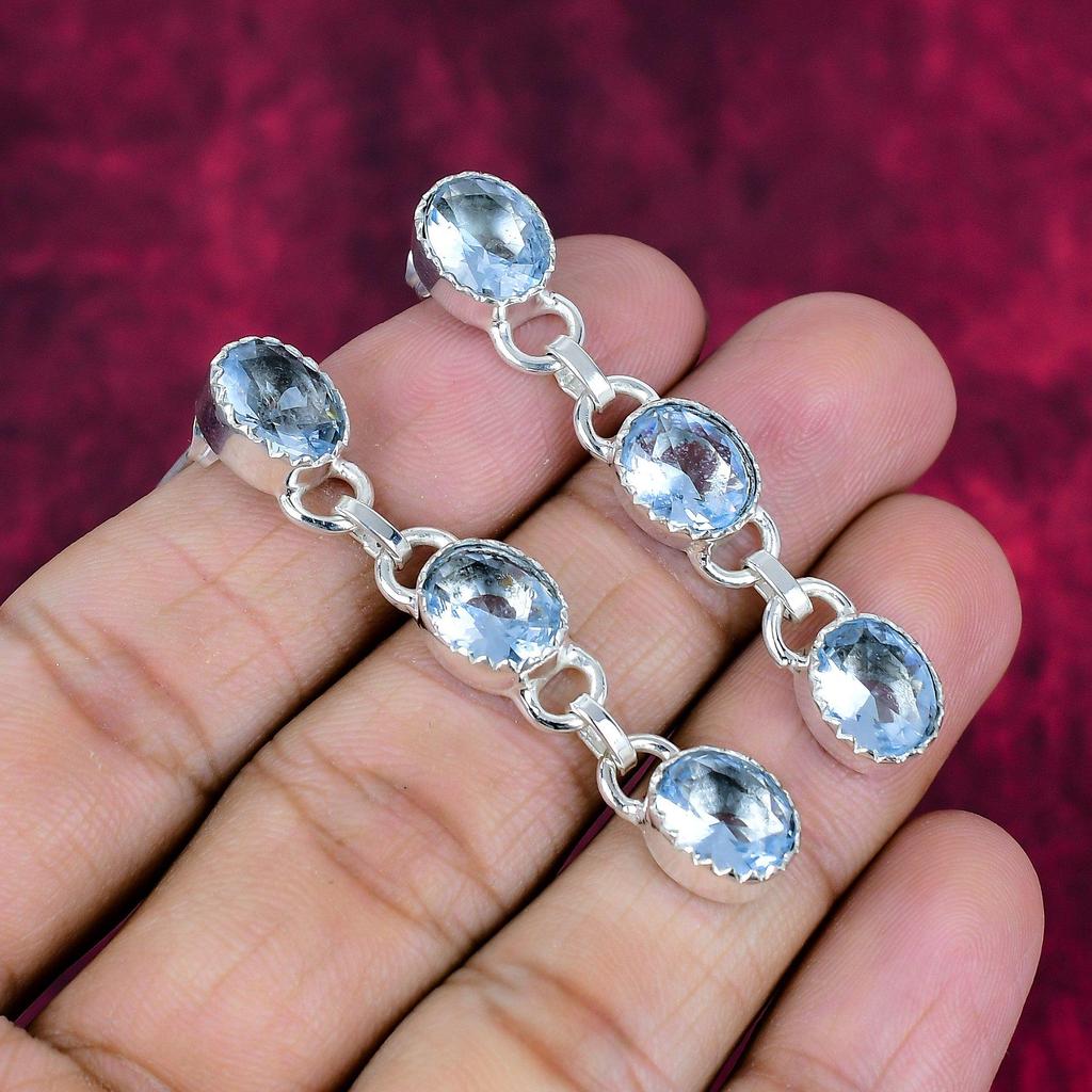 Blue Topaz Earrings, 925 Solid Sterling Silver Gemstone Jewelry, Handmade Earrings, For Thanksgiving