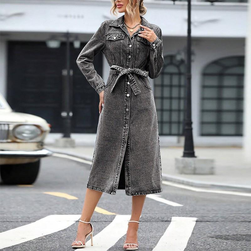 Women's Autumn Winter Long Sleeve Denim Jacket Dress - Waist-Cinching, Versatile Top