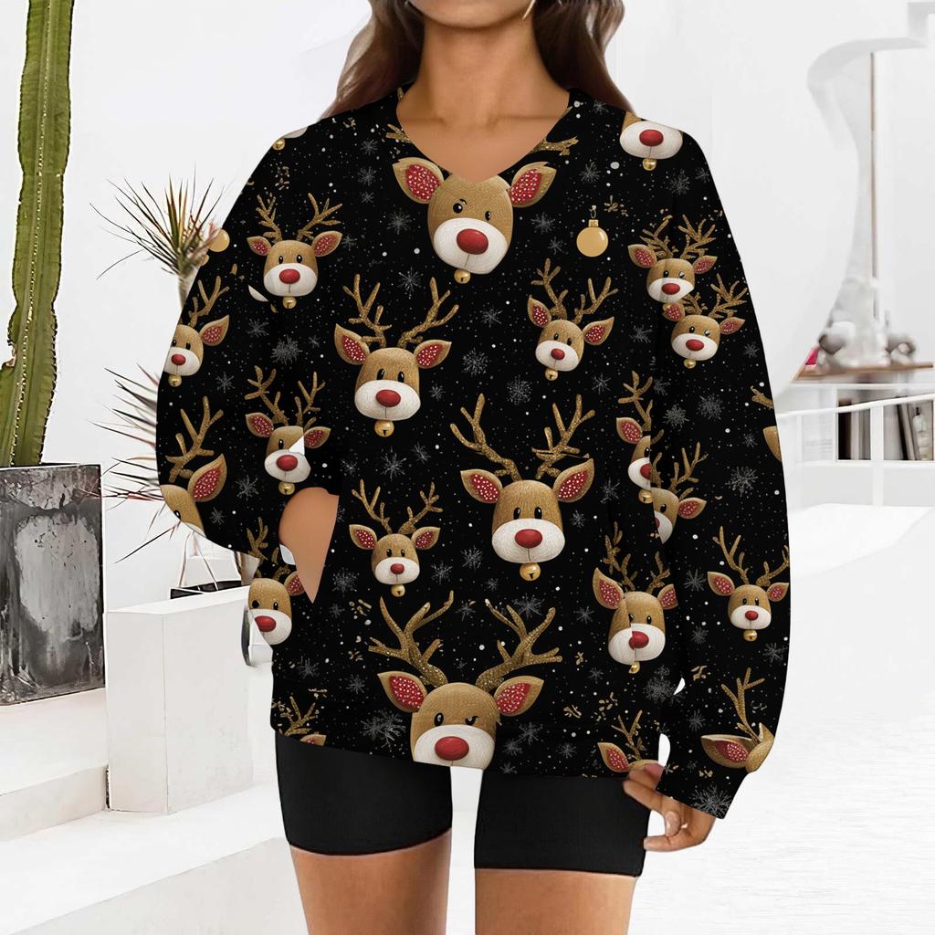 Women's Fashionable Christmas Print Long-sleeved V-neck Sweatshirt