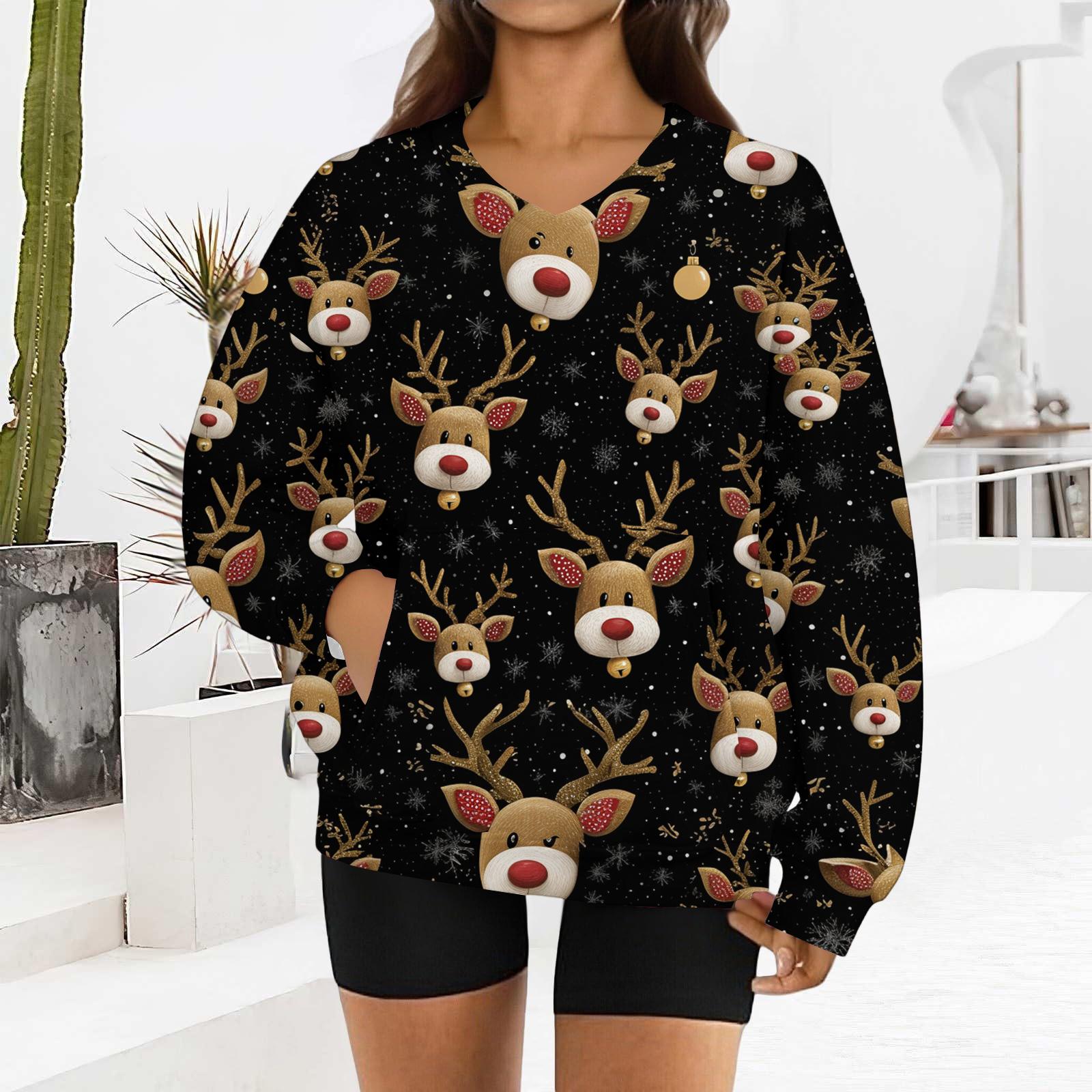 

Women s Fashionable Christmas Print Long-sleeved V-neck Sweatshirt XL чорний
