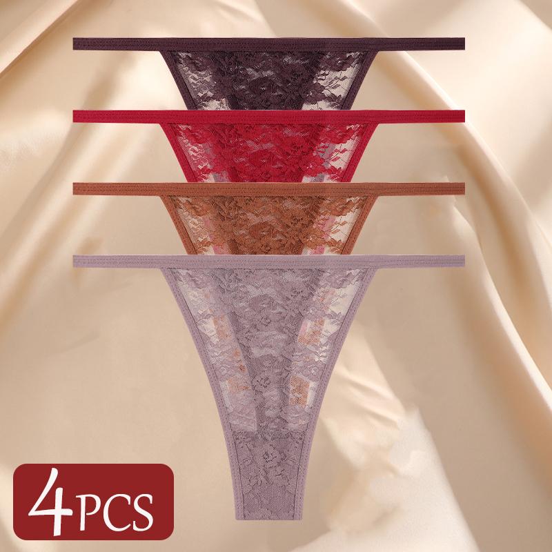4Pcs/Set Sexy Lace Panties Women Elastic Hollow Out Transparent G-string Thong Female Lace Underpants Perspective Sexy Intimates
